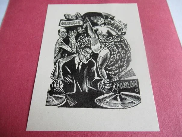 Exlibris – R. Läänlan – Richard Kaljo – Hudební a kabaretní scéna s tanečnicí – 10×8 cm – dřevoryt (X2)
