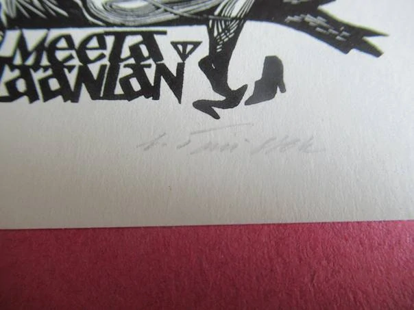 Exlibris – Meeta Läänlan – Väino Tõnisson – Ženský akt s antickou amforou a křídly – 8×9,5 cm – dřevoryt (X2)