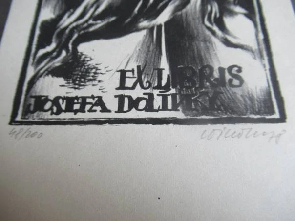 Exlibris – Josefa Doličky – Jiří Šindler – Expresivní krajina s měsícem – 14×10 cm – dřevoryt (X2)