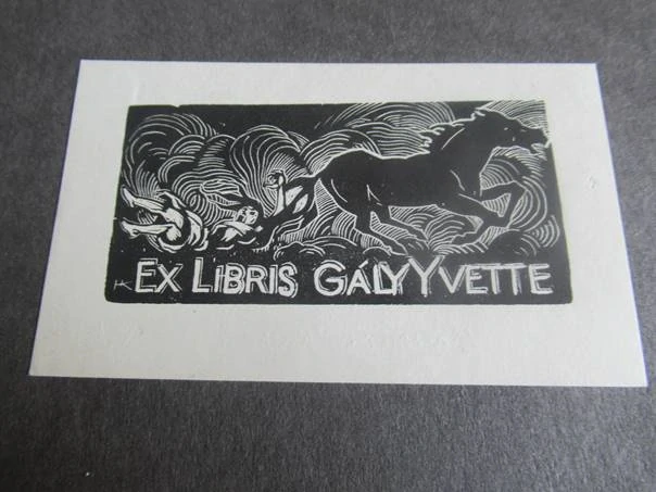 Exlibris – Gály Yvette – Harmos Károly – Cválající kůň ve větru – 6×10 cm – dřevoryt (X2)