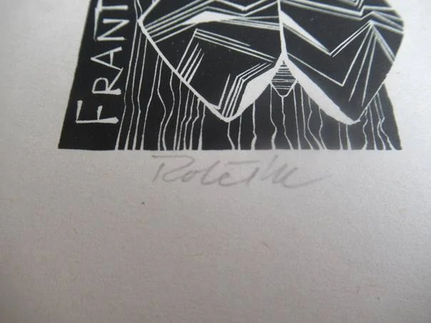 Exlibris – František Šára – Přemysl Rolčík – Noční motýl (Můra) na kůře stromu – 11×8 cm – dřevoryt (X2)