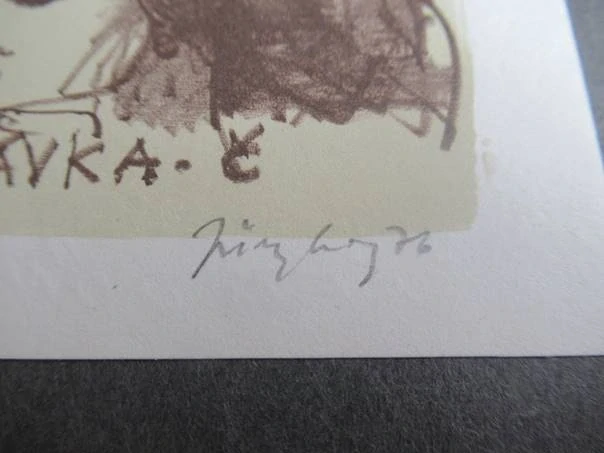 Originální exlibris Boh. Zlatohlavka – Břetislav Jüngling: Dívka s holubicí, kombinovaná technika