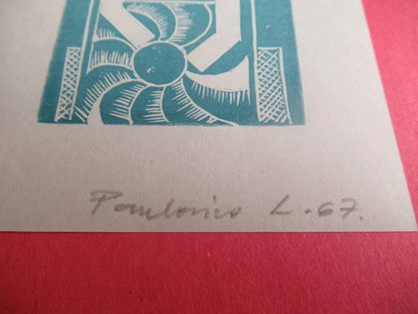 Originální exlibris Paulovics L.(L.) – Paulovics László: Geometrická kompozice s knihou, linoryt (X3) – 9,5×7,5 cm (1967)