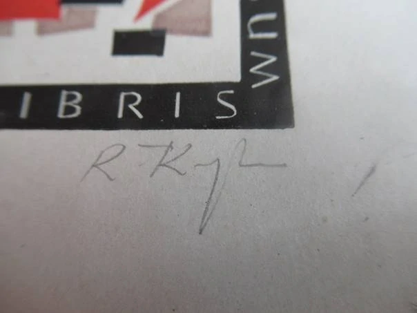 Exlibris – W. J. J. van Rossum – Ryszard Krzywka – motiv: Abstraktní geometrická kompozice s monogramem – 10×7 cm – dřevoryt (X2)