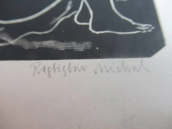 Exlibris – VS – Rastislav Michal – motiv: Sedící ženský akt s hroznem vína – 11×9 cm – dřevoryt (X2)