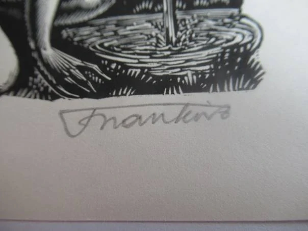 Exlibris – Dr. J. Lenze – Frank-Ivo van Damme – motiv: Klečící muž u studánky (pramene) – 10×11,5 cm – dřevoryt (X2)