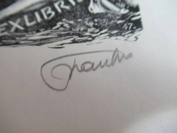 Exlibris – Mia Steyaert – Frank-Ivo van Damme – motiv: Klečící žena s maskou a zrcadlem – 15×10 cm – dřevoryt (X2)