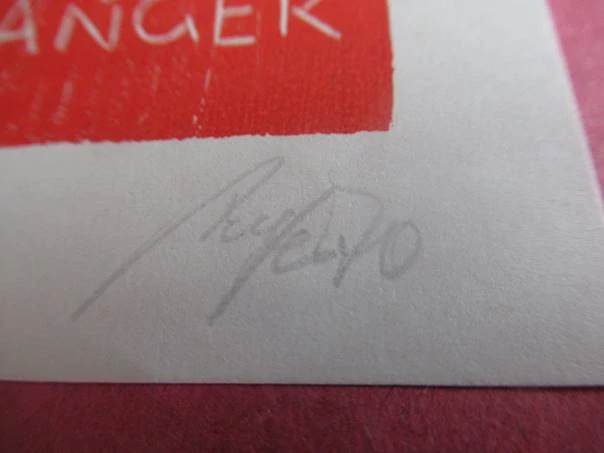 Exlibris – K.-H. Anger – Nečitelný autor – motiv: Plastika stojícího ženského aktu (torza) na červeném pozadí – 13,5×6,5 cm – linořez (X3) (podkladový list 20,5×14,5 cm)