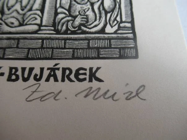 Exlibris – V. Bujárek – Zdeněk Mézl – motiv: Čtyři postavy v gotických arkádách – 14,5×9,5 cm – dřevoryt (X2)