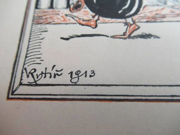 Exlibris – Ferdinanda Hejny – Václav Rytíř – motiv: Kráčející kalamář s perem a knihovna – 11×11 cm – barevná zinkografie