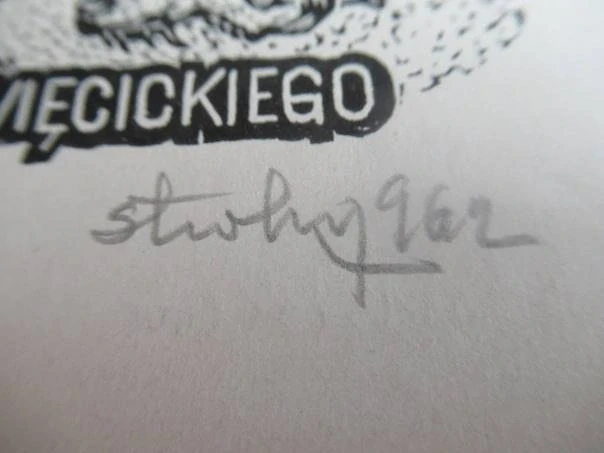 Exlibris – Bolesława Wita Święcickiego – Stanisław Rolicz – motiv: Mravenec a brouk u novin Głos Wybrzeża – 10×12 cm – dřevoryt (X2)
