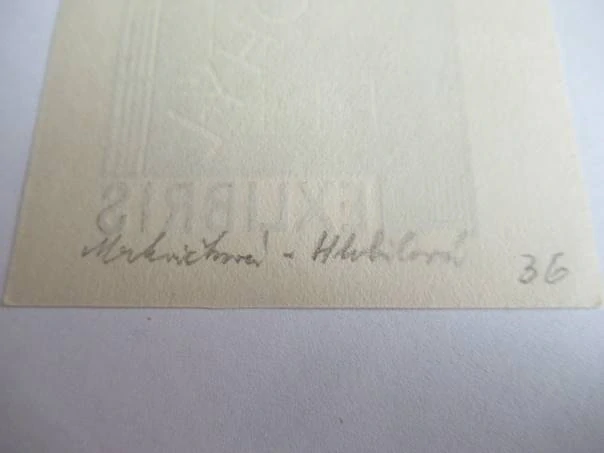 Exlibris – V. Samohýl – Mrkvičková-Hlobilová – motiv: Abstraktní geometrická a architektonická kompozice – 8×6 cm – dřevoryt (X2)