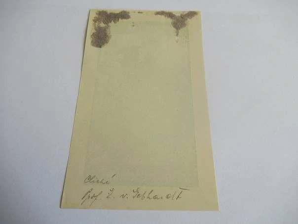 Exlibris – Mina v. Gebhardt – Prof. Eduard von Gebhardt – motiv: Žena v historickém oděvu trhající květiny – 13×7,5 cm – zinkografie (klišé)