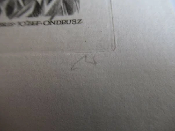 Exlibris – Józef Ondrusz – Wojciech Jakubowski – motiv: Strom prorůstající domem (kořeny a klas) – 10×6,5 cm – mědiryt (C2) – 1967
