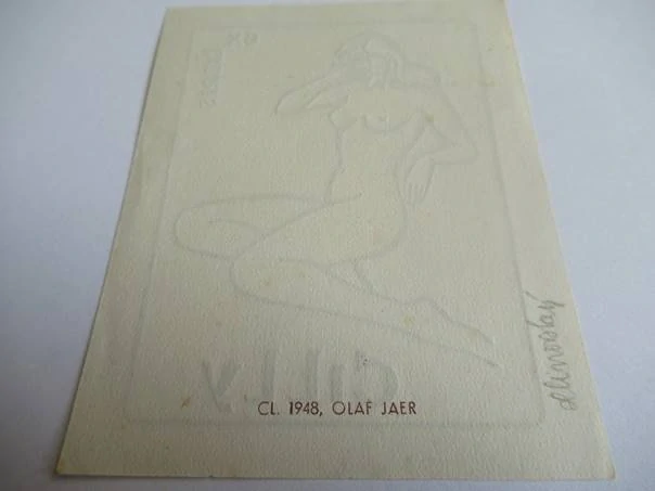 Exlibris – Cilly – Olaf Jaer – motiv: Sedící ženský akt – 9,5×7,5 cm – zinkografie (klišé) – 1948