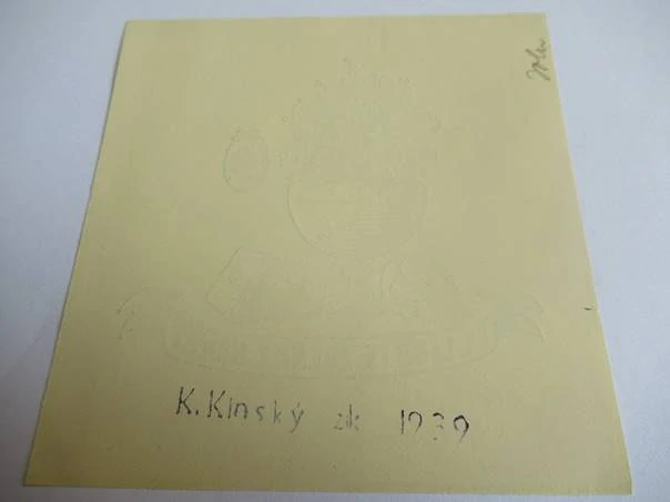 Exlibris – Zdeněk Jiřička – Karel Kinský – motiv: Zátiší s kyticí, lebkou a knihami (Vanitas) – 9×9 cm – zinkografie (zk) – 1939