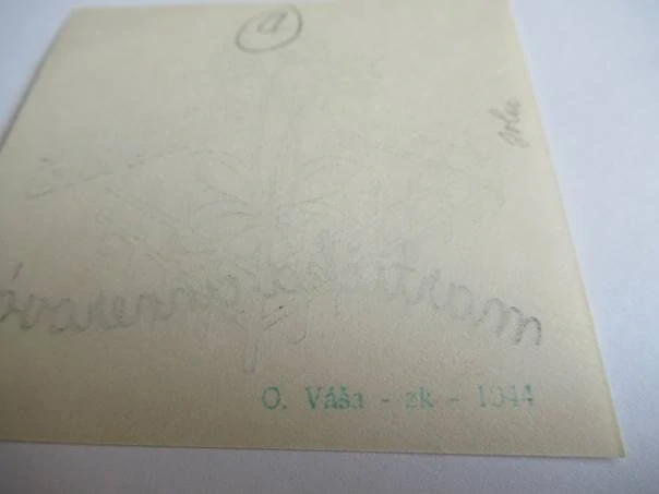 Exlibris – Martička Cinnerová – Otakar Váša – motiv: Rostlina v ohrádce (sedmikrásky) – 7×7,5 cm – zinkografie (zk) – 1944