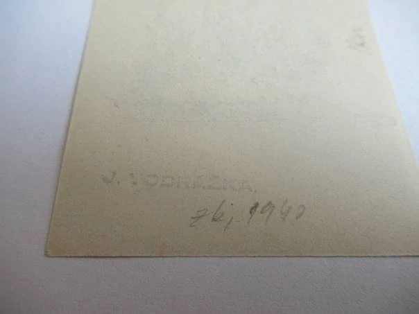Exlibris – J. Vodrážka – Jaroslav Vodrážka – motiv: Smrtka klepající na dveře ustrašeného muže (Vanitas) – 7,5×5 cm – zinkografie (zk) – 1940