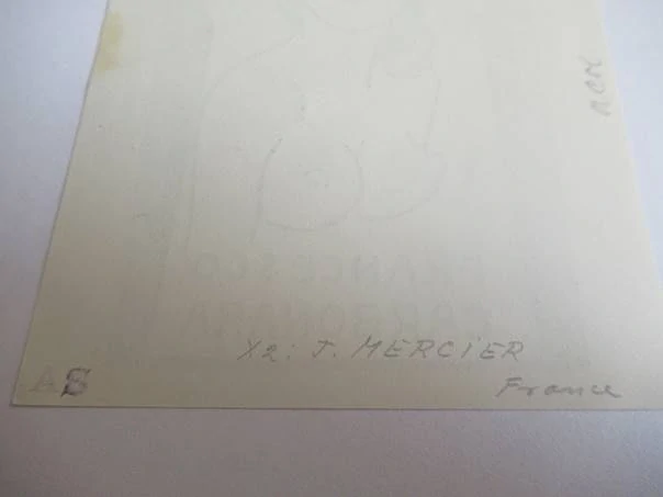 Exlibris – Francesco Carbonara – J. Mercier – motiv: Ženský polonahý akt v klíčové dírce (Erotika / Voyeurismus) – 10,5×8 cm – dřevoryt (X2) – 1957