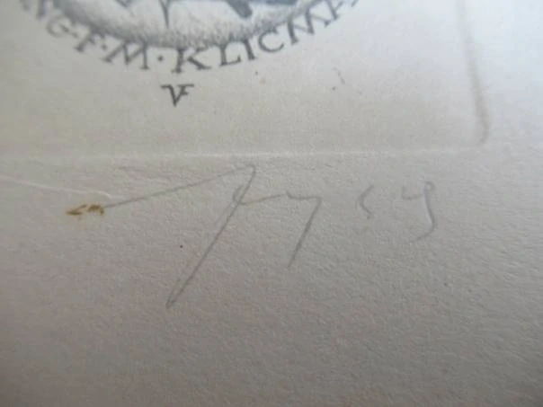 Exlibris – Ing. F. M. Klicman – Vítězslav Fleissig – motiv: Technické rýsovací pomůcky (kružítko, příložník, svitek s monogramem) – 13×9 cm – lept (C3) – 1929
