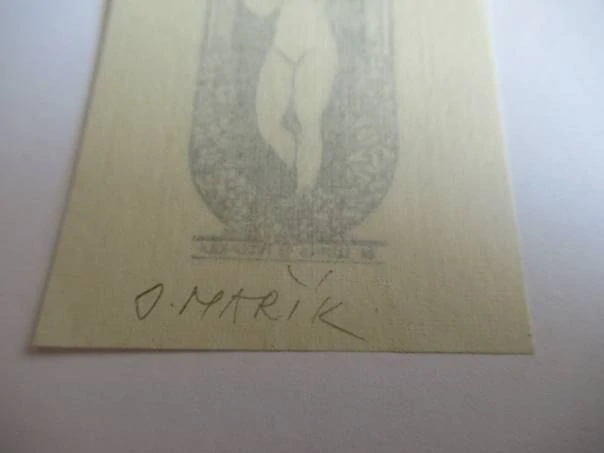 Exlibris – Peterka – O. Mařík – motiv: Stojící ženský akt v secesním květinovém portálu – 7×5 cm – zinkografie (zk)