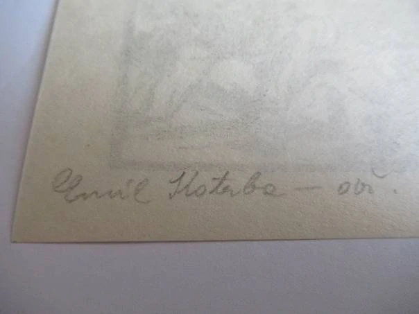 Exlibris – František Záleský – Ervín Kotrba – motiv: Horník (havíř) studující knihu s Múzou a ostravskými doly – 13×10,5 cm – dřevoryt (X2)