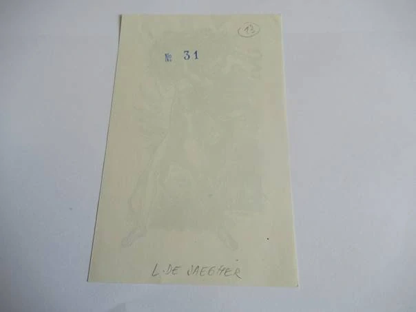 Exlibris – G. J. Rhebergen jr. – L. De Jaegher – motiv: Diana (Nymfa) s jelenem a košem ovoce – 14,5×9 cm – dřevoryt (X2)
