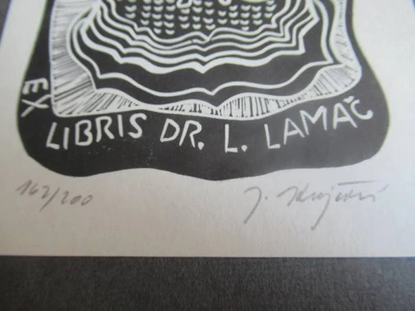 Exlibris – Dr. L. Lamač – Jana Krejčová – motiv: Expresivní kosmická kompozice s lidskou postavou – exlibris 13,5×9 cm (podkladový papír 21×14 cm) – linoryt (X3) – 1975