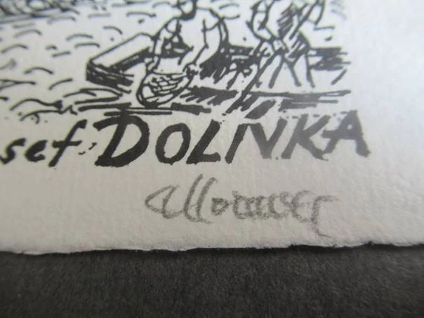 Exlibris – Josef Dolinka – Alois Moravec – motiv: Výlov rybníka – exlibris 7×10,5 cm (podkladový papír 21×14 cm) – linoryt / dřevoryt – cca 1950–1970