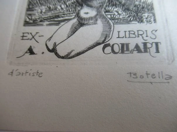 Exlibris – A. Collart – Juan Vicente Botella – motiv: Romantická figurální a přírodní kompozice s klečícím ženským aktem a motýly – rozměry 10×7 cm – autorský tisk (Épreuve d'artiste) – rok 1978