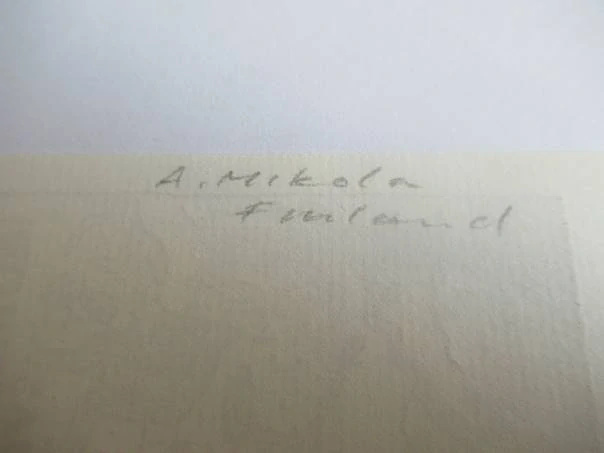 Exlibris – Armas Salusvuori – A. Mikola – motiv: Severská krajina s pařezem, květinou a vzrostlým stromem – rozměry 8,5×5 cm – zinkové klišé / pérovka (P1) – 1. polovina 20. století