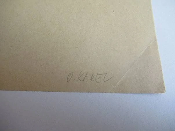 Exlibris – Knihy Franty Koutala – O. Karel – motiv: Historický knihomil s brýlemi studující obří svazky – rozměry 10×8,5 cm – zinkové klišé / pérovka (P1) – 1. polovina 20. století