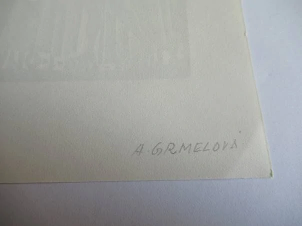 Exlibris – Ing. J. Oliva – A. Grmelová – motiv: Expresivní ženský akt na pozadí divadelní opony s hudebními motivy – rozměry 15×10,5 cm – linoryt (X3) / dřevoryt (X2) – 2. polovina 20. století