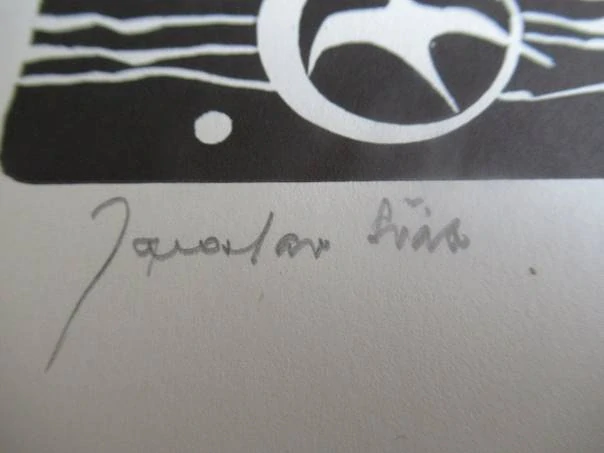 Exlibris – AL – Jaroslav Šváb – motiv: Moderní typografická a symbolistická kompozice s nápisem Ex, iniciálami a letící vlaštovkou v měsíci – rozměry 21×14,5 cm (včetně podkladu) – linoryt / dřevořez – 2. polovina 20. století