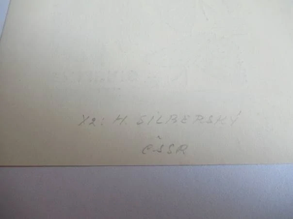 Exlibris – A. Collart – H. Silberský – motiv: Přírodní a figurální scenérie s ženskou postavou a dvěma velkými motýly – rozměry 11,5×8,5 cm – dřevoryt (X2) – 2. polovina 20. století