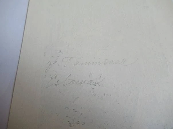 Exlibris – Õ. E. Alliksaar – J. Tammsaar – motiv: Dvoubarevná moderní kompozice s mužem v automobilu, řekou a siluetou města Tallinnu – rozměry 10,5×9 cm – barevný linoryt / dřevořez (X3 / X1) – 2. polovina 20. století