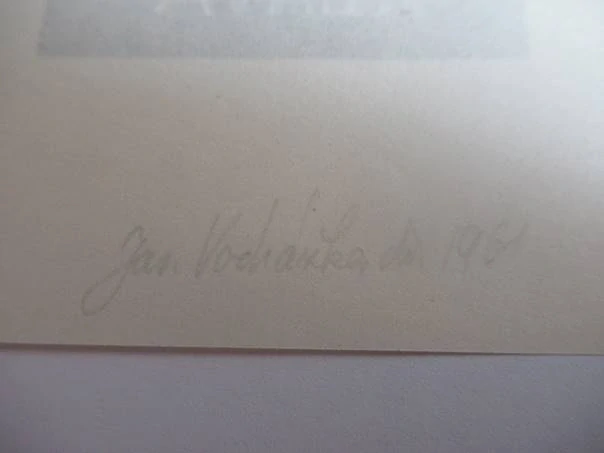Exlibris – R. Hlava – Jaroslav Vodrážka – motiv: Jarmareční píseň a kramářské divadlo s vypravěčem ukazujícím na tabuli s příběhy – rozměry 11,5×10 cm – dřevoryt (X2) – rok 1961