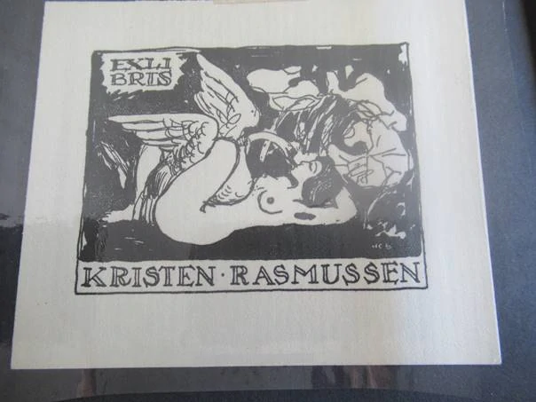 Exlibris – Kristen Rasmussen – H. C. Bärenholdt – Erotický motiv s ležící ženou – dřevoryt (X2) v paspartě, pasparta 22×15 cm