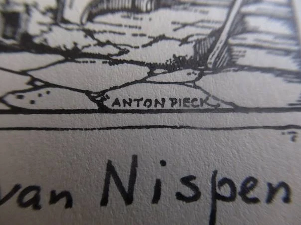 Konfluent 3 kusů exlibris – M. C. J. L. van Nispen – Anton Pieck – Historické knižní trhy a čítárna – zinkografie, podkladový papír 21×14 cm
