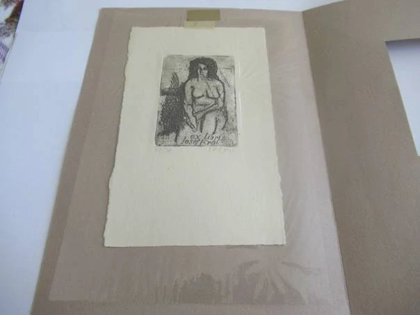 Exlibris – Josef Král – Corvi – Polonahá žena s dlouhými vlasy – v paspartě, pasparta 22×15,5 cm