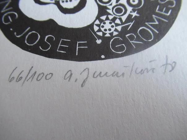 Exlibris – Ing. Josef Gromeš – Arna Juračková – Kruhová kytice s lidovými ornamenty – linoryt (X3), 21×9,5 cm