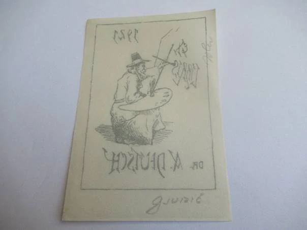 Exlibris – Dr. M. Deutsch – Gjurič – Starý malíř s paletou – zinkografie, 9×6 cm