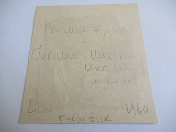 Exlibris – Mich. Fišelerova – Jaroslava Muzika – Žena hrající na loutnu či lyru – linoryt (X3), 10×5×9,5 cm