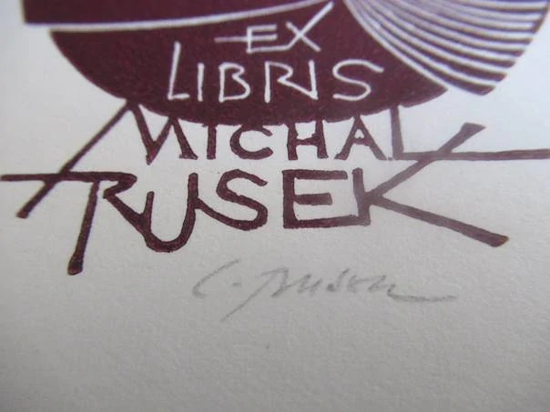 Exlibris – Michal Rusek – L. Rysek – Portrét Karla IV. se znakem orlice – linoryt (X3), 21×15 cm