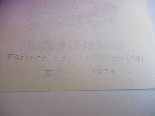 Exlibris – Dr. Demeter Jenő – Karancsi Sándor – Lékař s injekční stříkačkou na knihách – linoryt, podkladový papír 20,5×14 cm