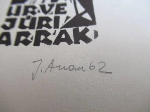 Exlibris – Urve Jüri Arrak – Jüri Arrak – Kubistická figura s maskami – linoryt (X3), 11×6,5 cm