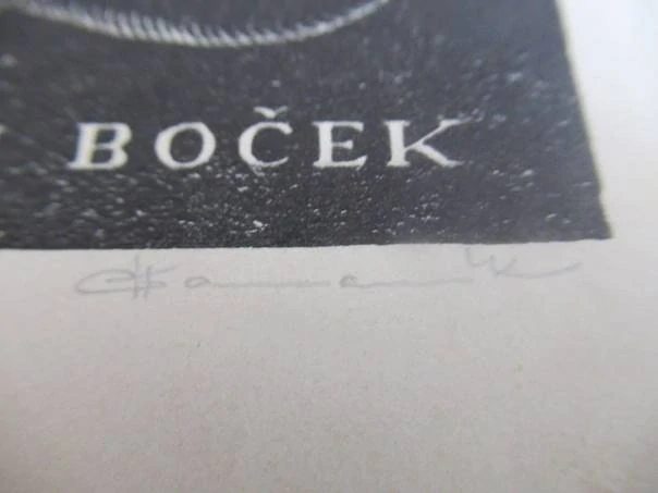 Ex Libris Medicis – Dr. Milan Boček – Antonín Kameník – Asklépiova čše s hadem, lebka a otevřená kniha – linoryt (X3), 12×11 cm