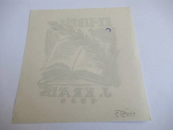 Ex-libris – J. Král – Karel Štěch – Vavřínová ratolest na otevřené knize – dřevoryt (X2), 10×9,5 cm