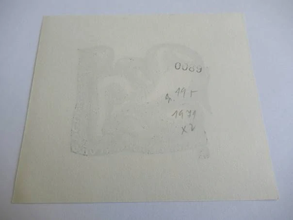 Exlibris – Jørgen Vils Pedersen – Anatolij Kalašnikov – Dynamický ženský akt v kubistických křivkách – dřevoryt (X2), 11×9,5 cm