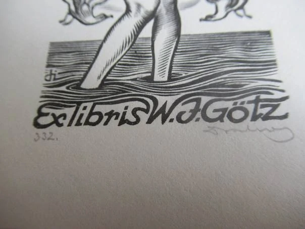 Exlibris – W. J. Götz – István Drahos – Zrození Venuše (Akt ženy v moři s racky) – původní dřevoryt (X2), 11×7 cm